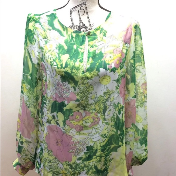 Cynthia Rowley Women Long Sleeve Blouse Chiffon Floral Print Medium Green Pink - Picture 6 of 6